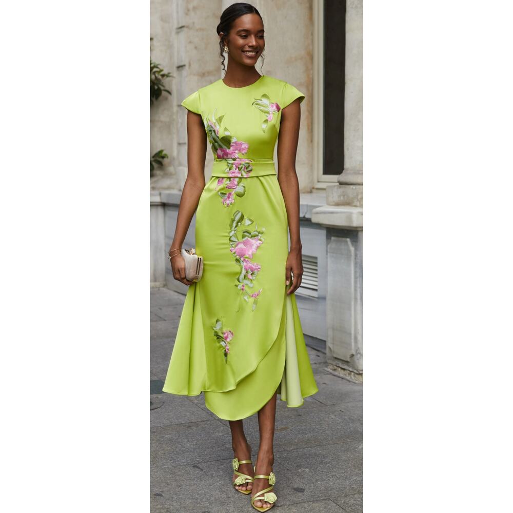 Fehaute Satin Floral Embroidered Slit Tea Midi Dress Green Womens Size 2 New